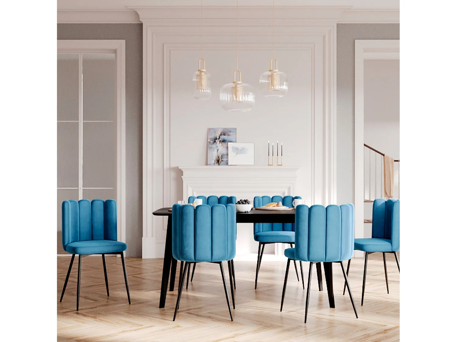 Set de 2 sillas de terciopelo azul con patas de metal negro - Rosy