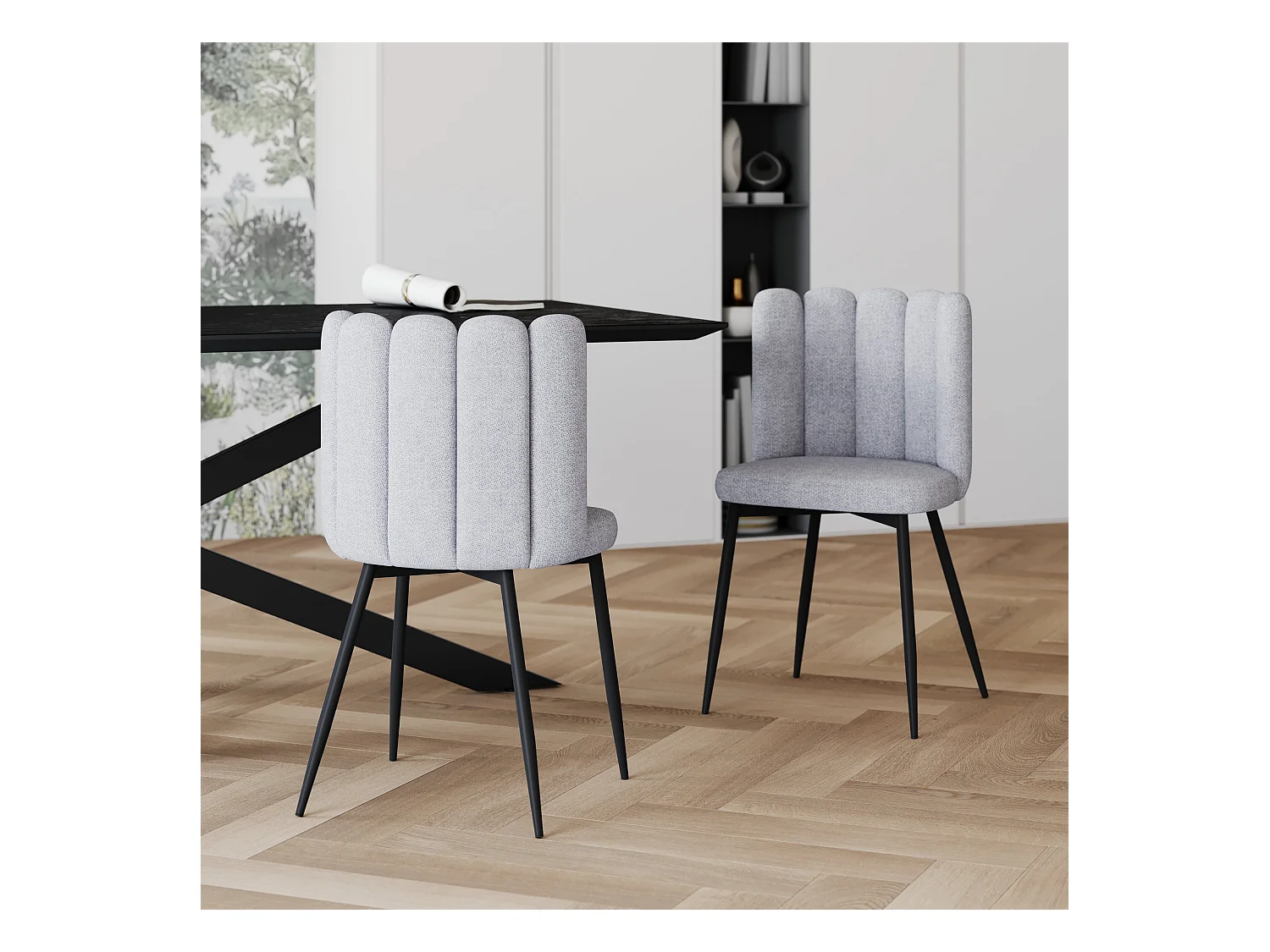 Lot de 2 chaises en tissu gris et pieds en métal noir - Rosy