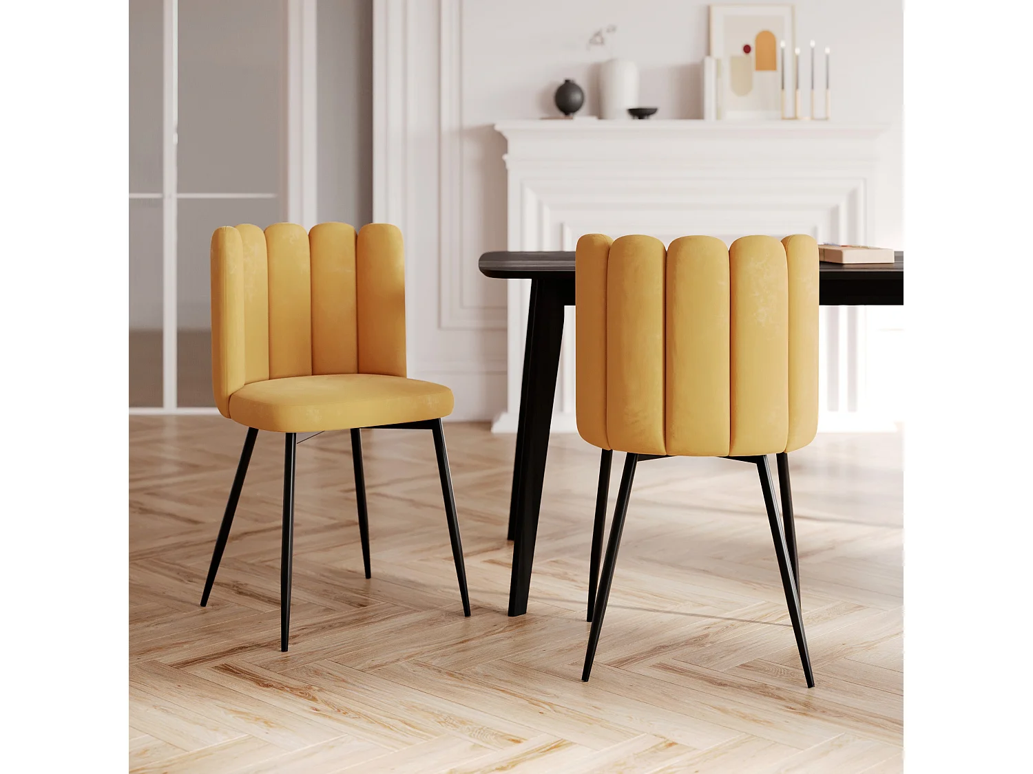 Lot de 2 chaises en velours jaune et pieds en métal - Rosy