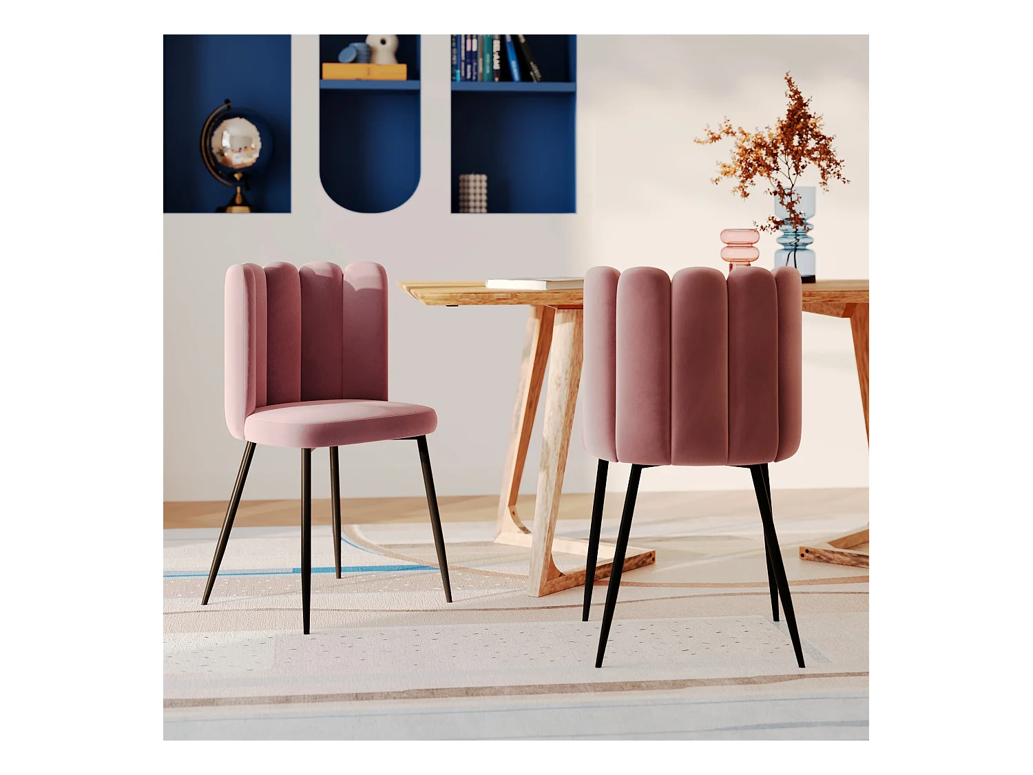 Set de 2 sillas de terciopelo rosa con patas de metal negro - Rosy