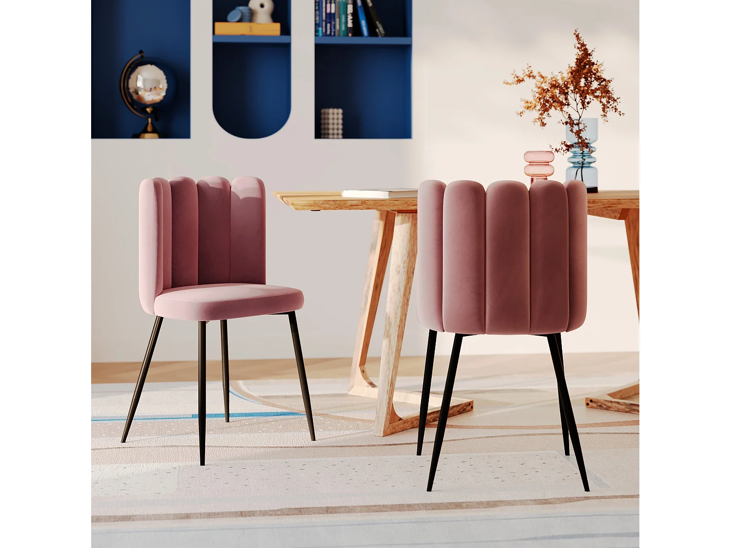 Lot de 2 chaises en velours rose et pieds en métal noir - Rosy