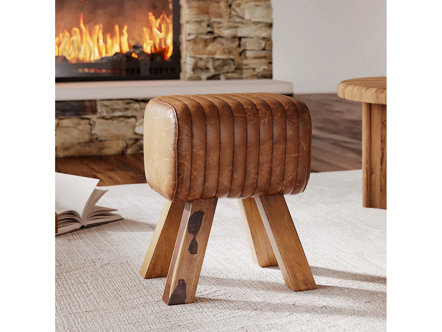 Tabouret en cuir marron et bois de manguier - Morena