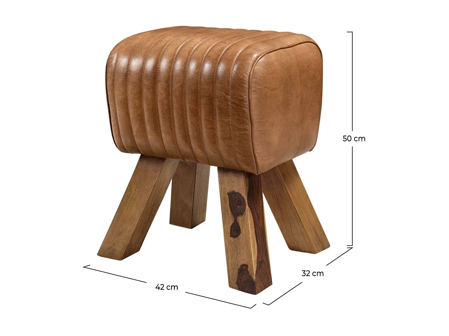 Tabouret en cuir marron et bois de manguier - Morena