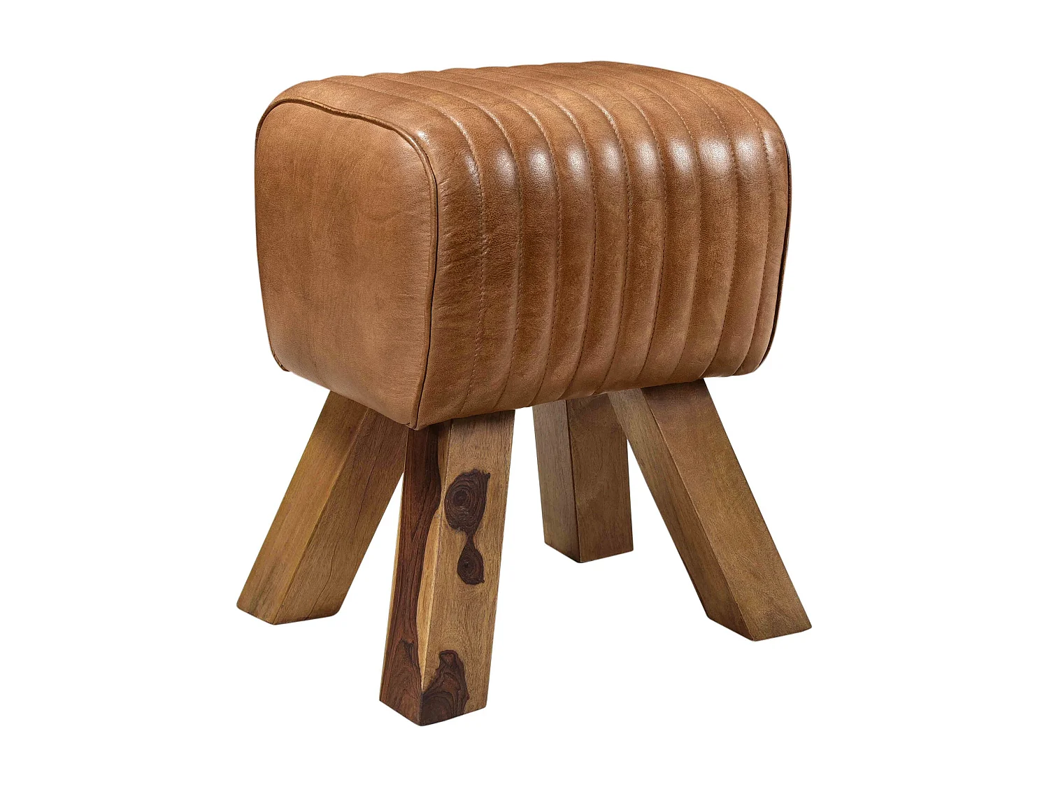 Tabouret en cuir marron et bois de manguier - Morena
