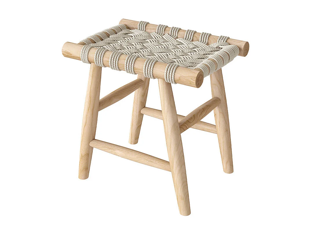 Tabouret tressé blanc en macramé et branche de teck - Kira