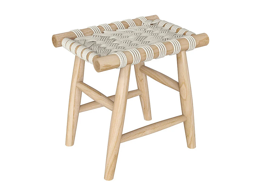 Tabouret tressé blanc en macramé et branche de teck - Kira