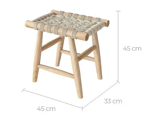 Tabouret tressé blanc en macramé et branche de teck - Kira