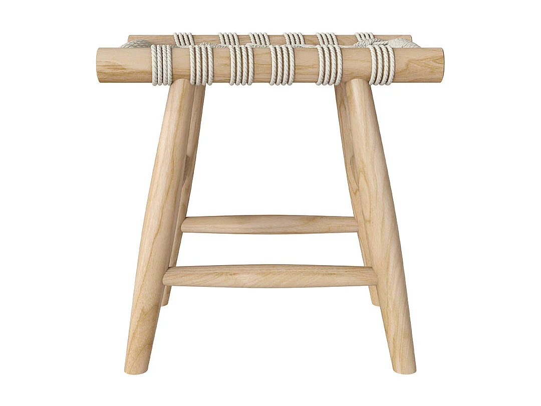 Tabouret tressé blanc en macramé et branche de teck - Kira