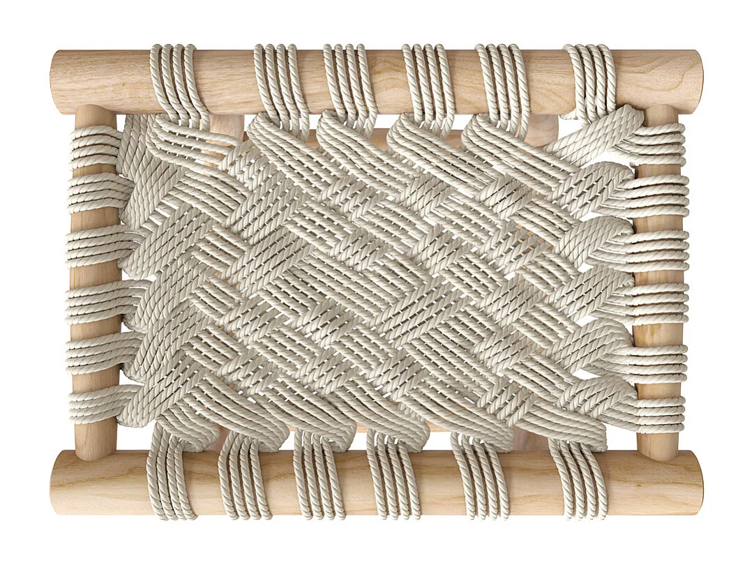 Tabouret tressé blanc en macramé et branche de teck - Kira