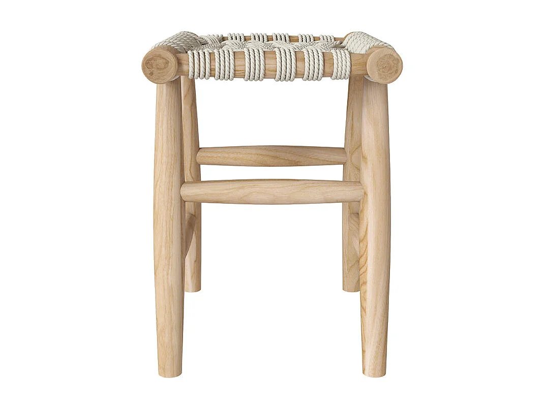 Tabouret tressé blanc en macramé et branche de teck - Kira