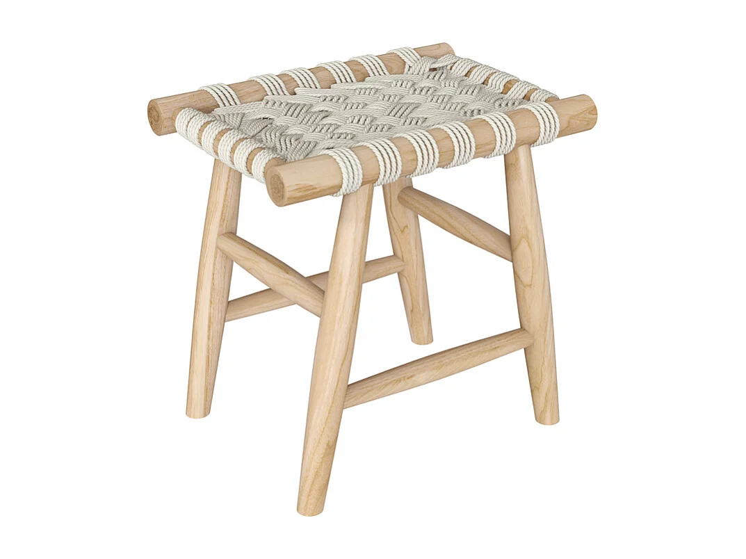 Tabouret tressé blanc en macramé et branche de teck - Kira