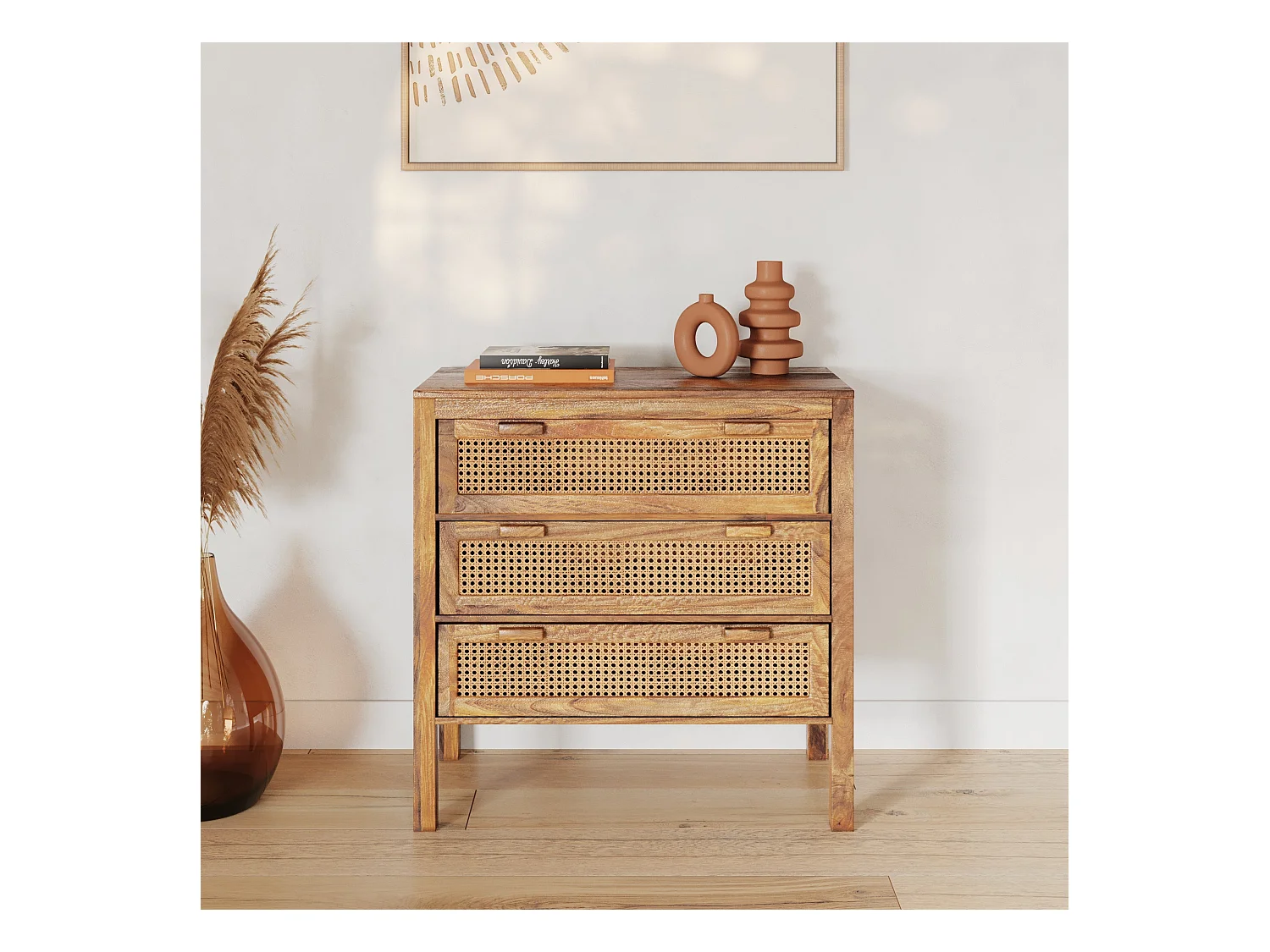 Cassettiera a 3 cassetti in legno e canna - Tiki