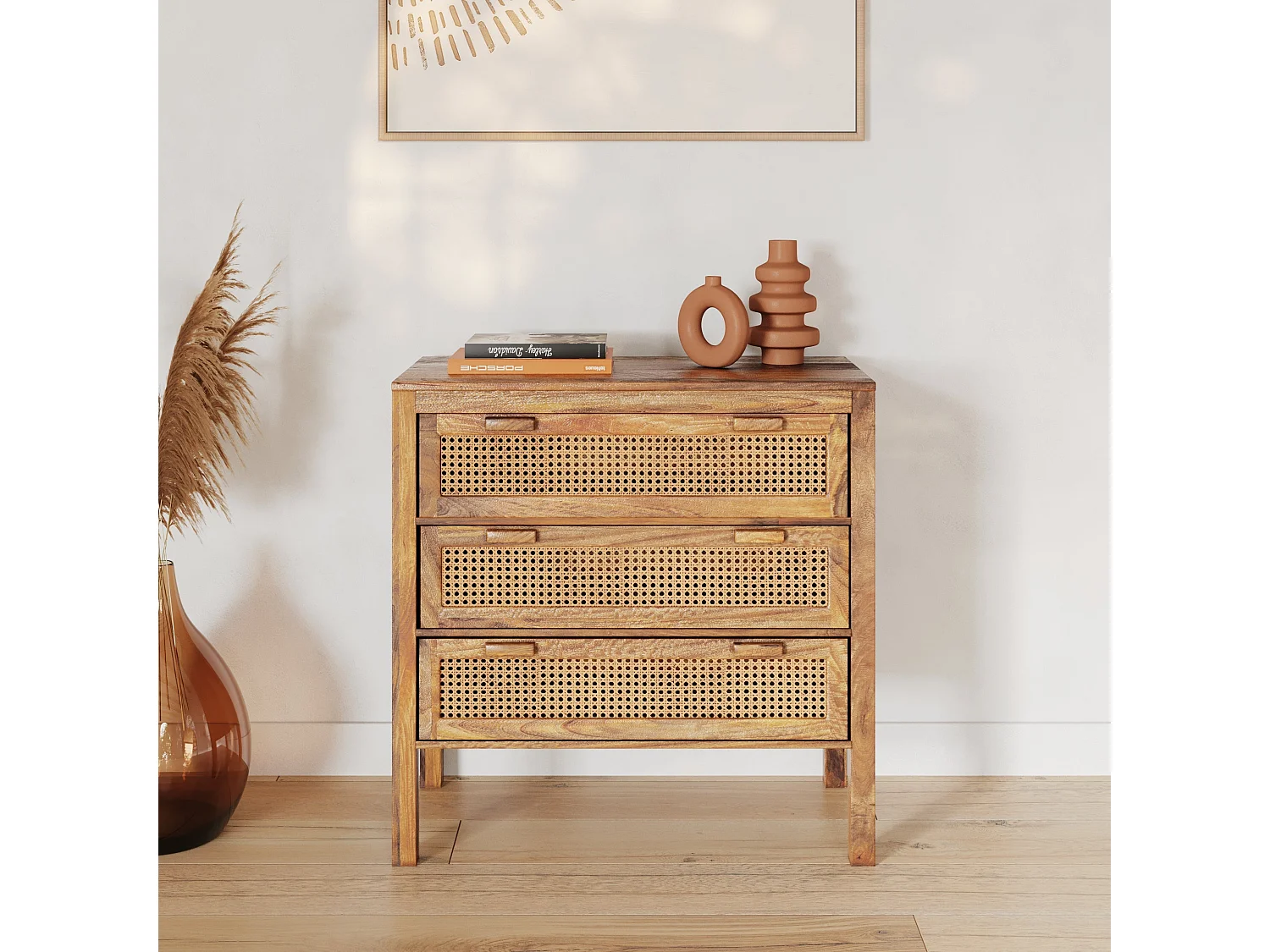 Cómoda de madera y caña con 3 cajones - Tiki