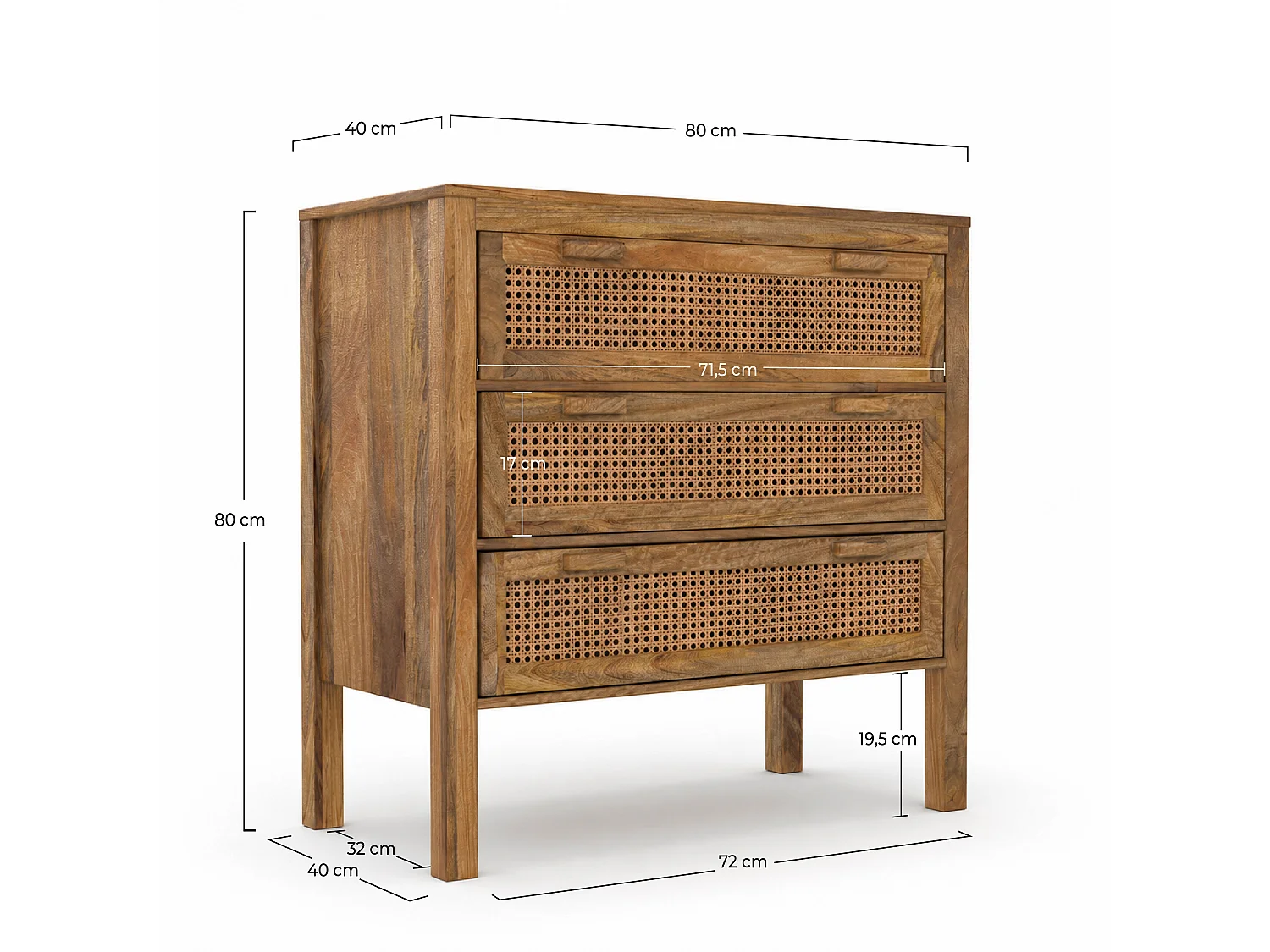 Commode en bois de manguier et cannage 3 tiroirs - Tiki