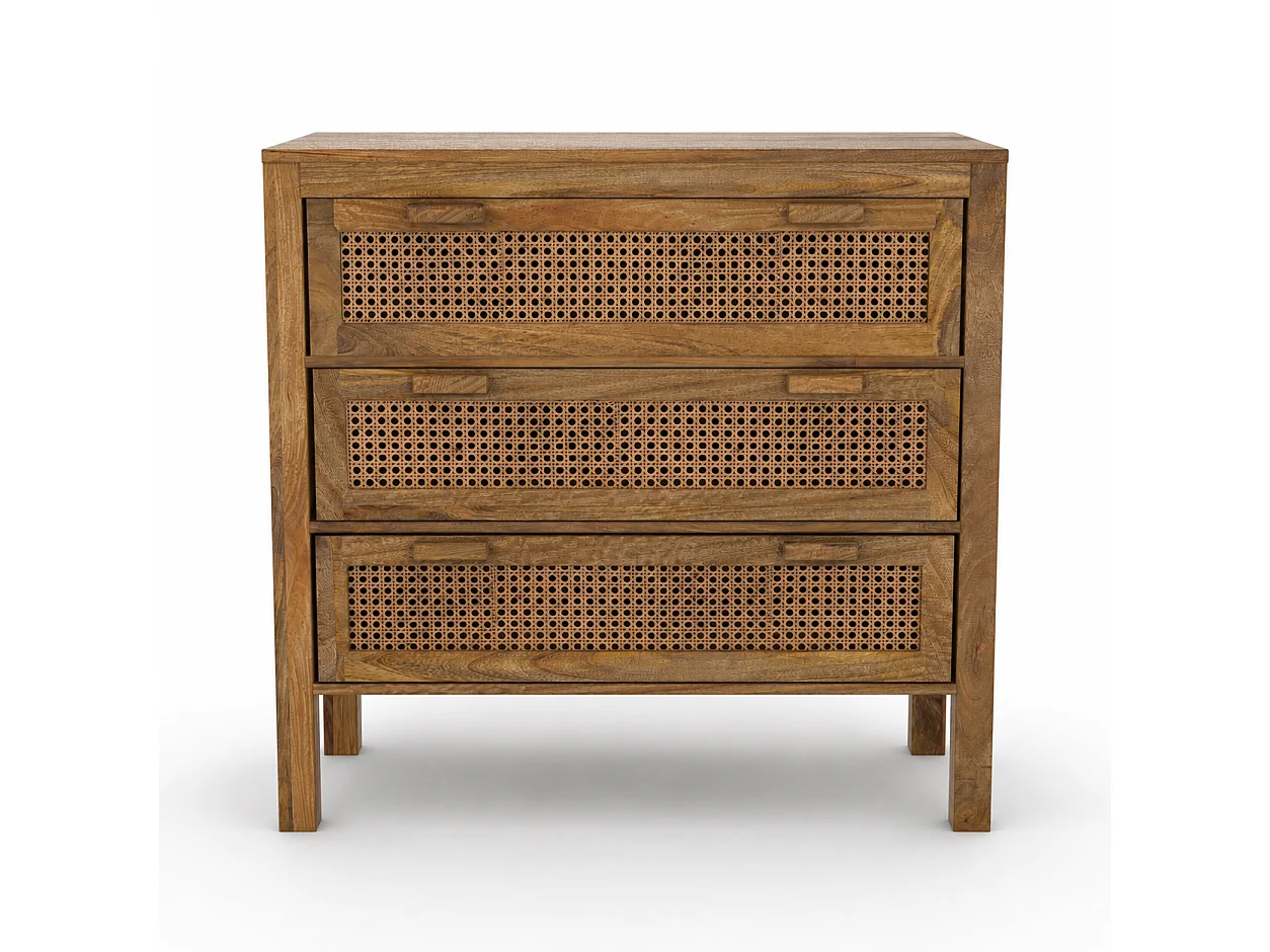 Commode en bois de manguier et cannage 3 tiroirs - Tiki