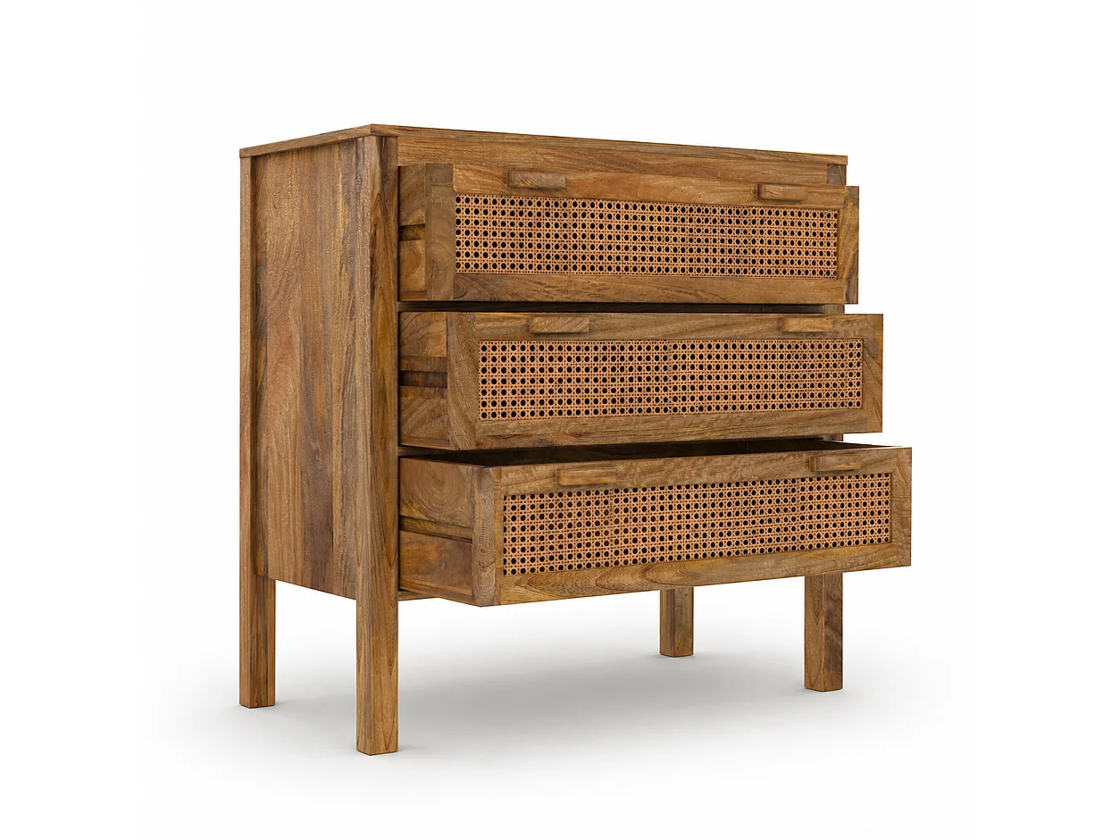Commode en bois de manguier et cannage 3 tiroirs - Tiki
