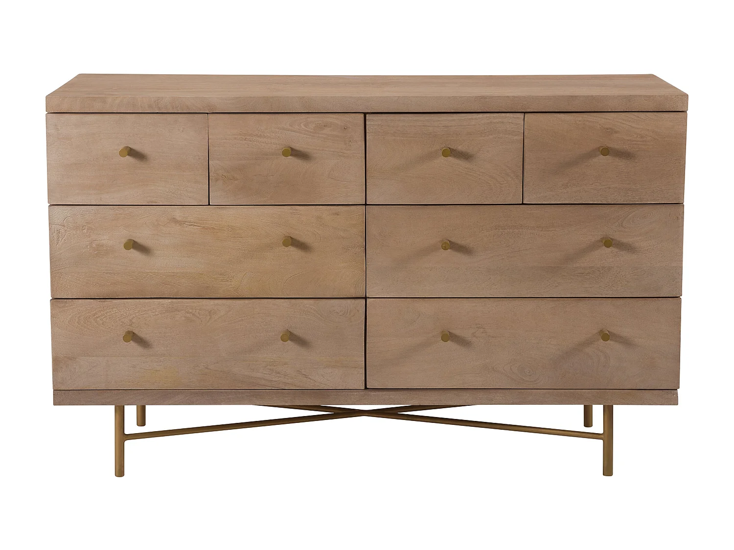 Commode 8 tiroirs en bois de manguier et pieds en métal doré - Bran