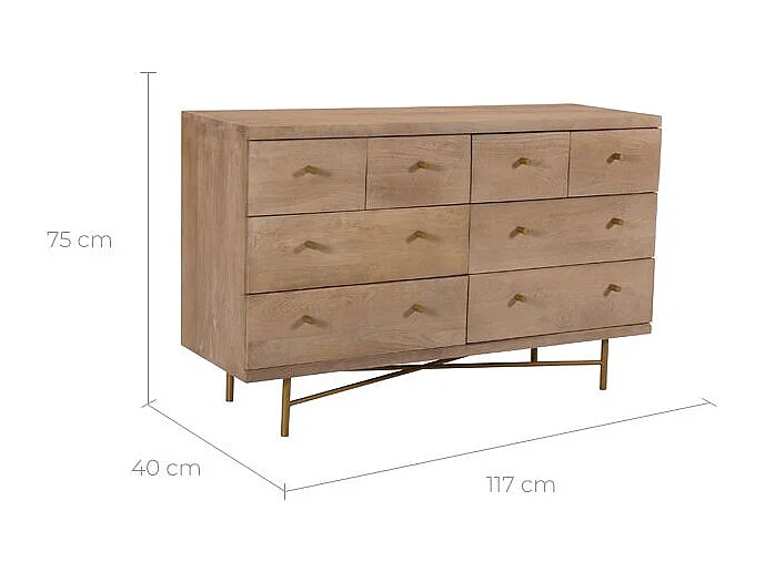 Commode 8 tiroirs en bois de manguier et pieds en métal doré - Bran