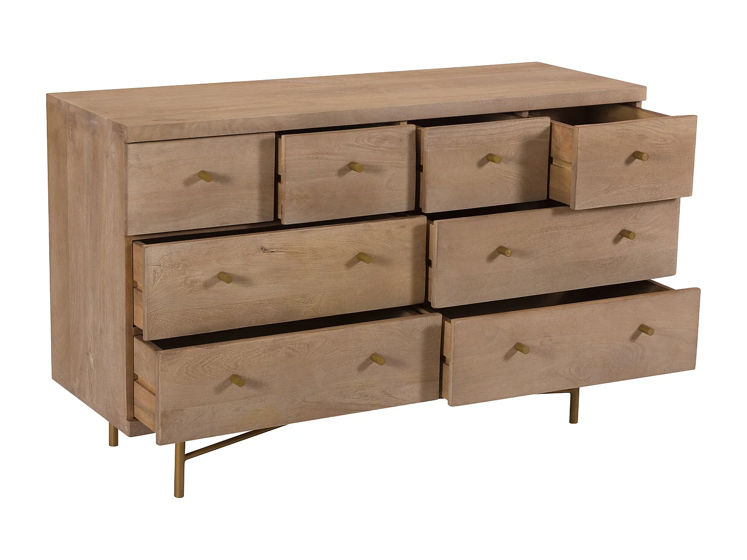 Commode 8 tiroirs en bois de manguier et pieds en métal doré - Bran