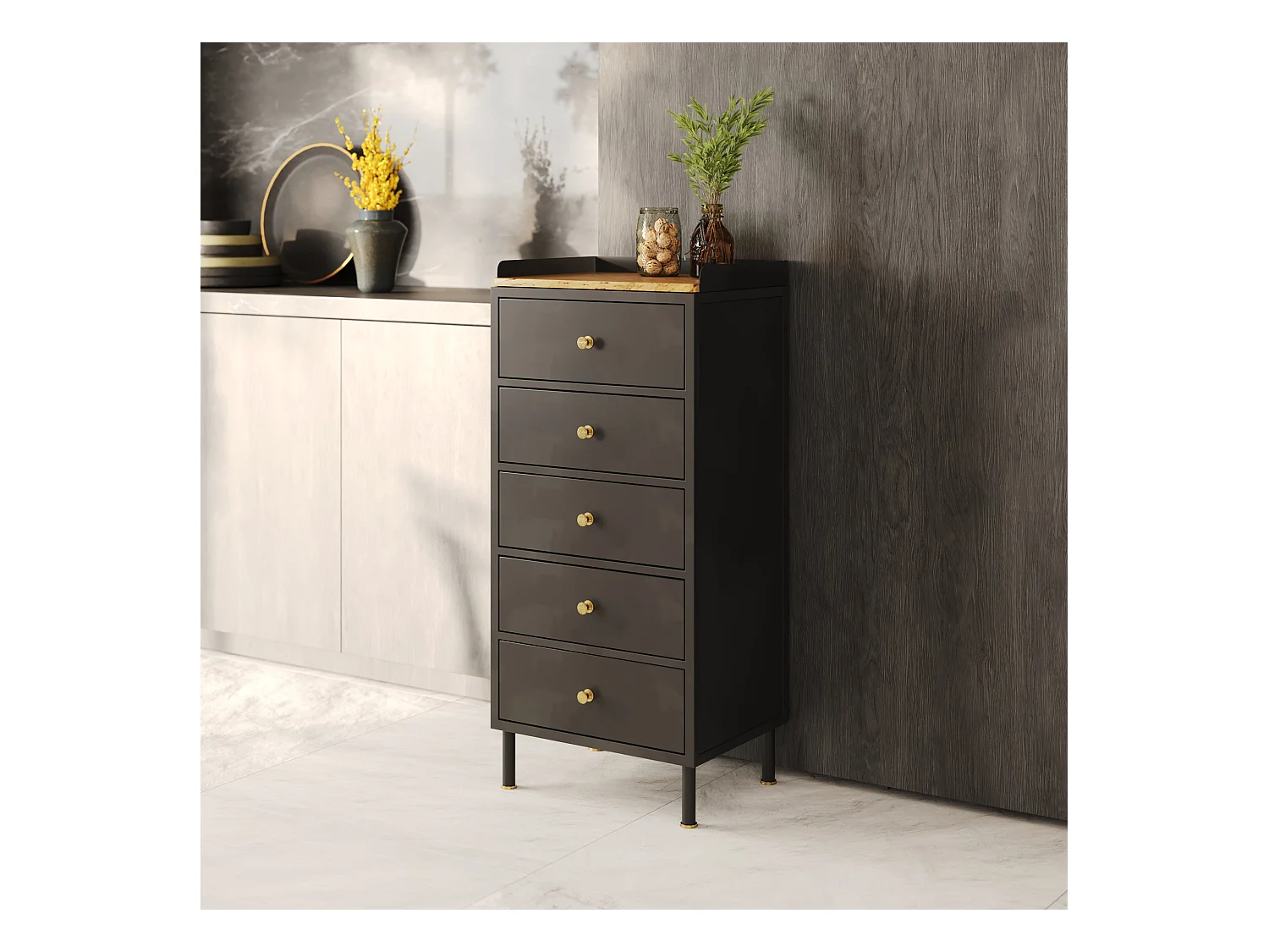 Chiffonnier 5 tiroirs en métal gris métallisé et bois de manguier - Gauthier