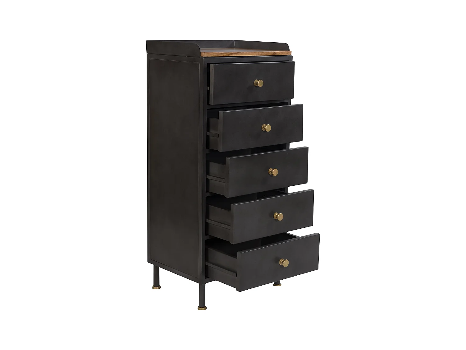 Chiffonnier 5 tiroirs en métal gris métallisé et bois de manguier - Gauthier