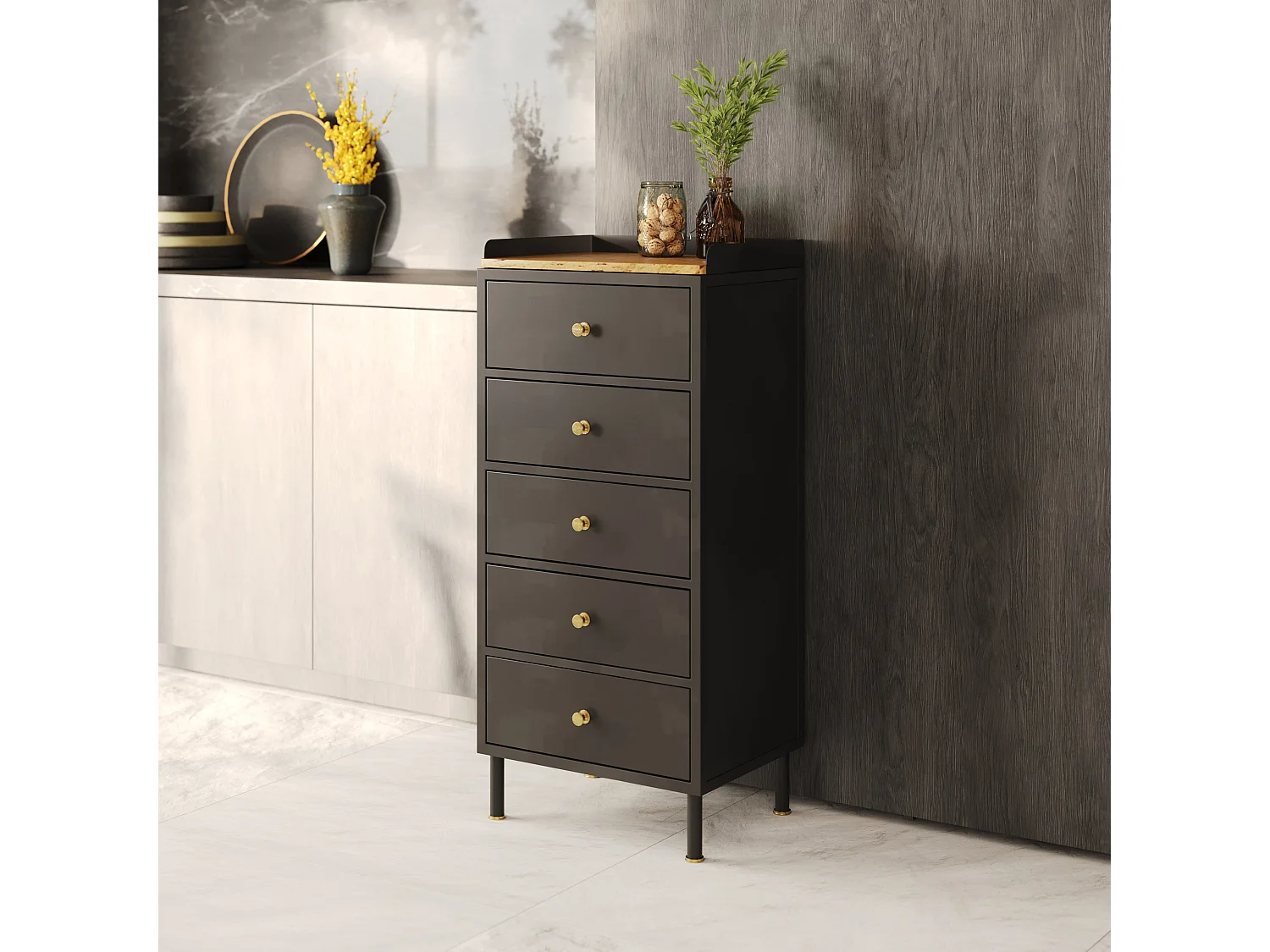 Chiffonnier 5 tiroirs en métal gris métallisé et bois de manguier - Gauthier