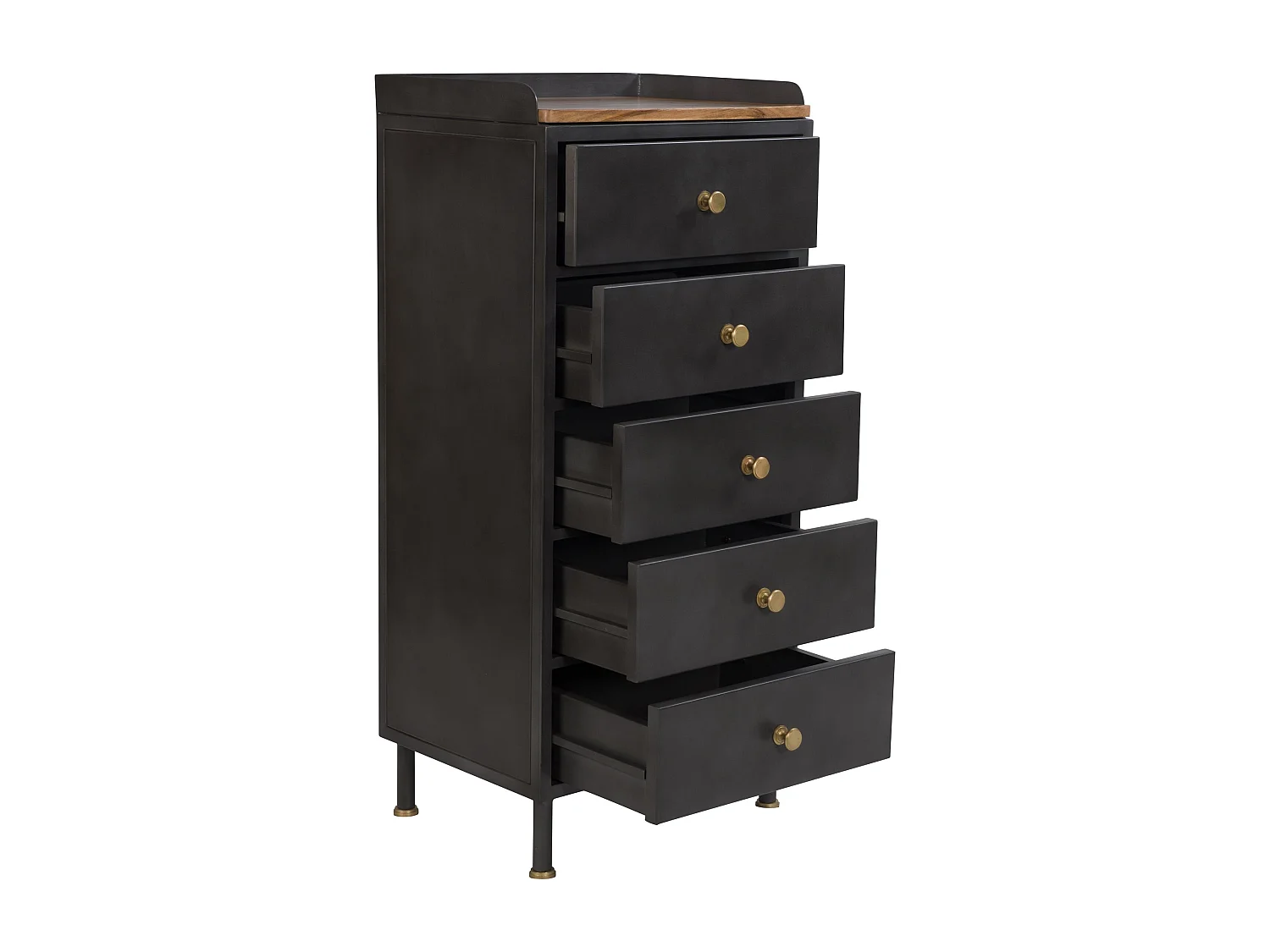 Chiffonnier 5 tiroirs en métal gris métallisé et bois de manguier - Gauthier