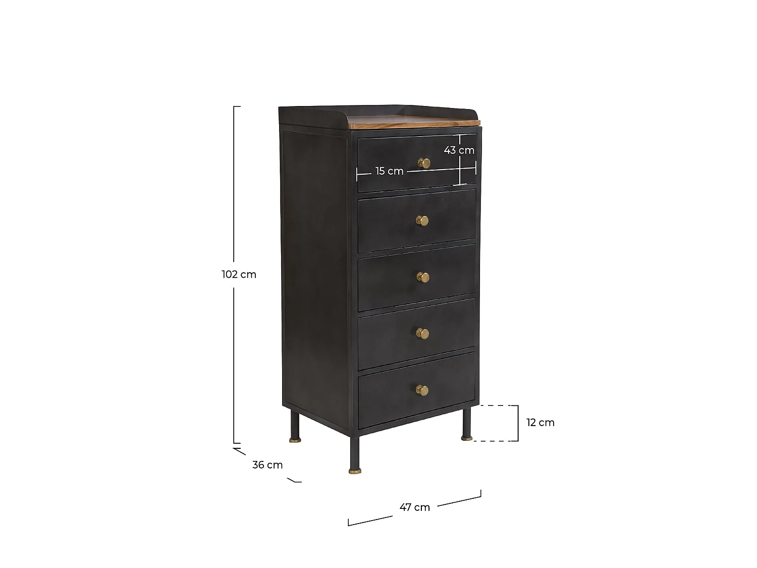 Chiffonnier 5 tiroirs en métal gris métallisé et bois de manguier - Gauthier