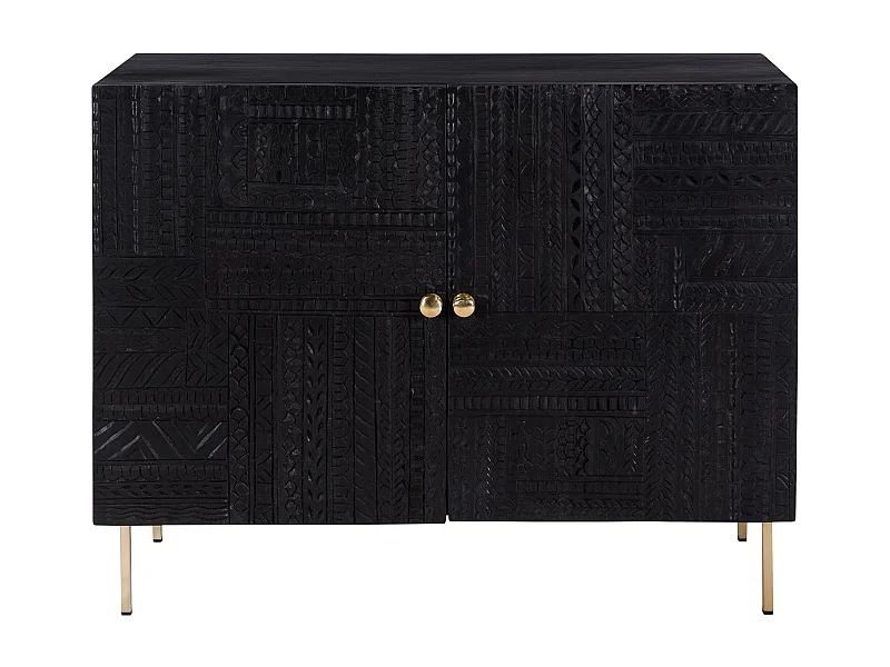 Cómoda de 2 puertas en madera grabada negra y metal dorado - Chimane