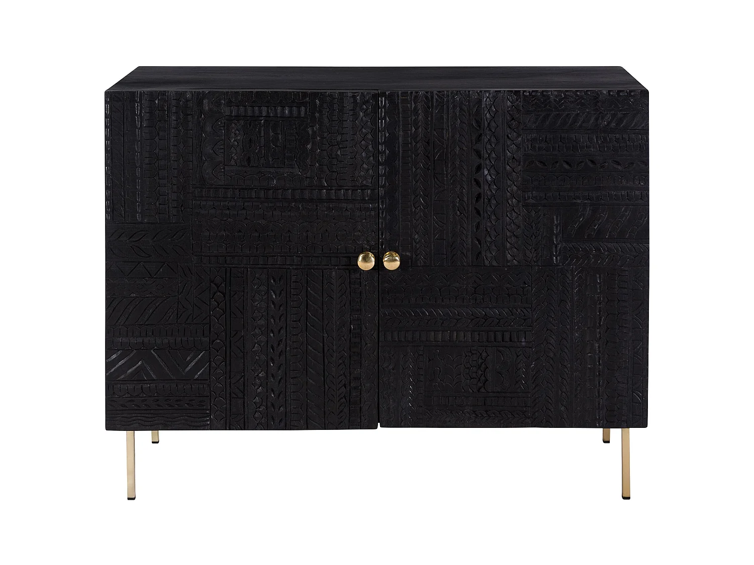 Commode 2 portes en bois gravé noir et métal doré - Chimane