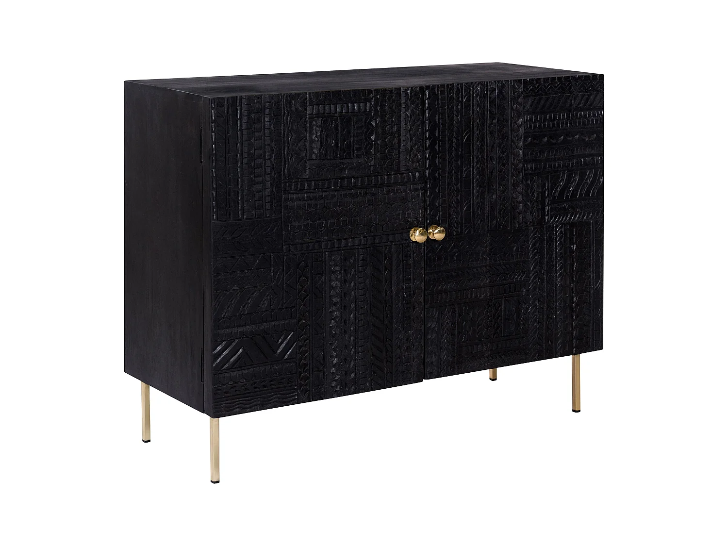 Commode 2 portes en bois gravé noir et métal doré - Chimane