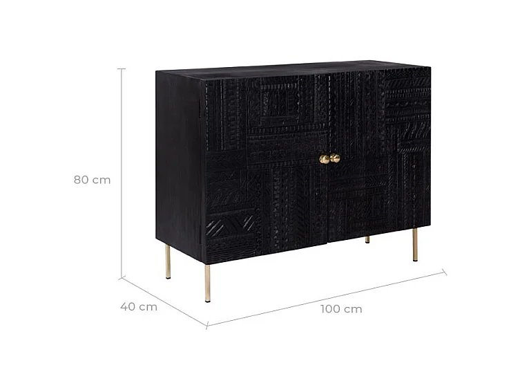 Commode 2 portes en bois gravé noir et métal doré - Chimane