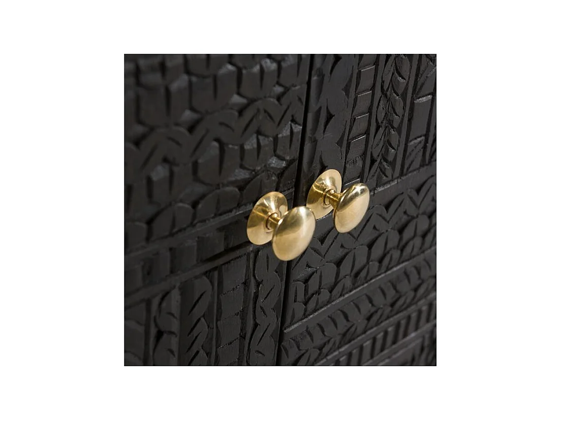 Commode 2 portes en bois gravé noir et métal doré - Chimane