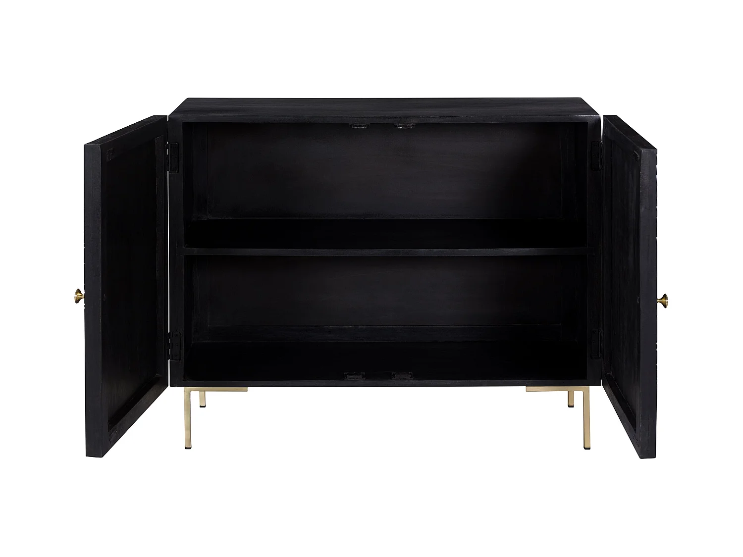 Commode 2 portes en bois gravé noir et métal doré - Chimane