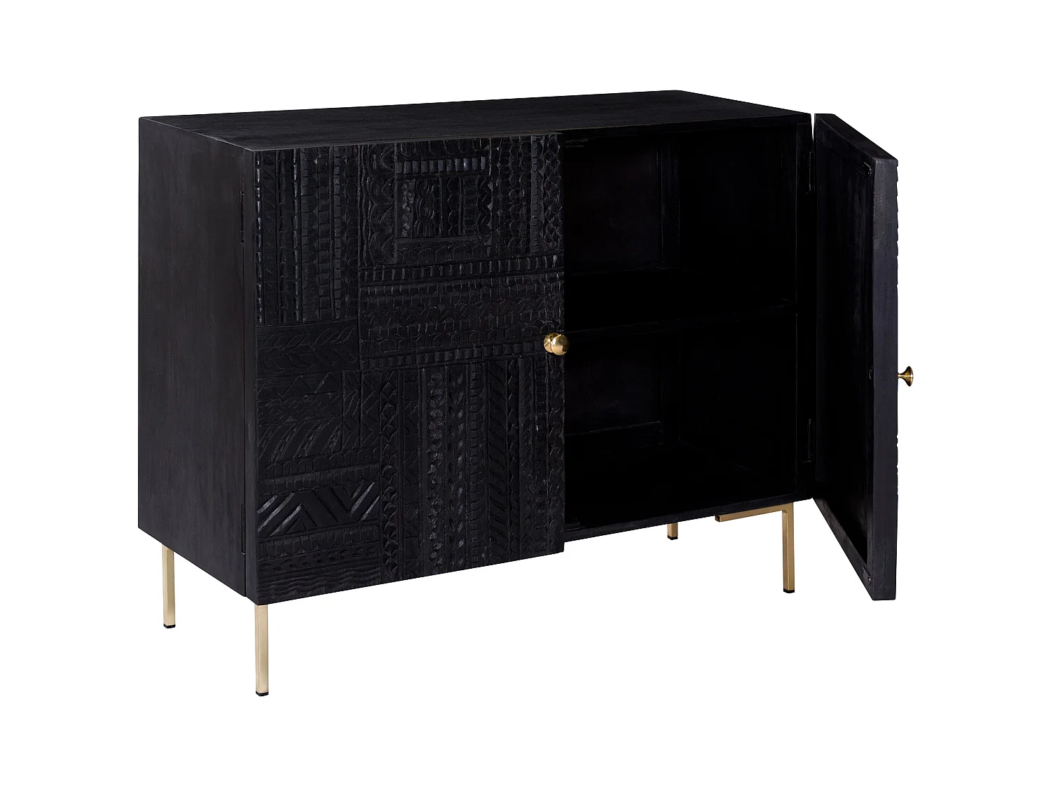 Commode 2 portes en bois gravé noir et métal doré - Chimane