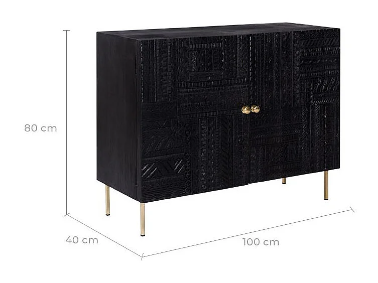Commode 2 portes en bois gravé noir et métal doré - Chimane