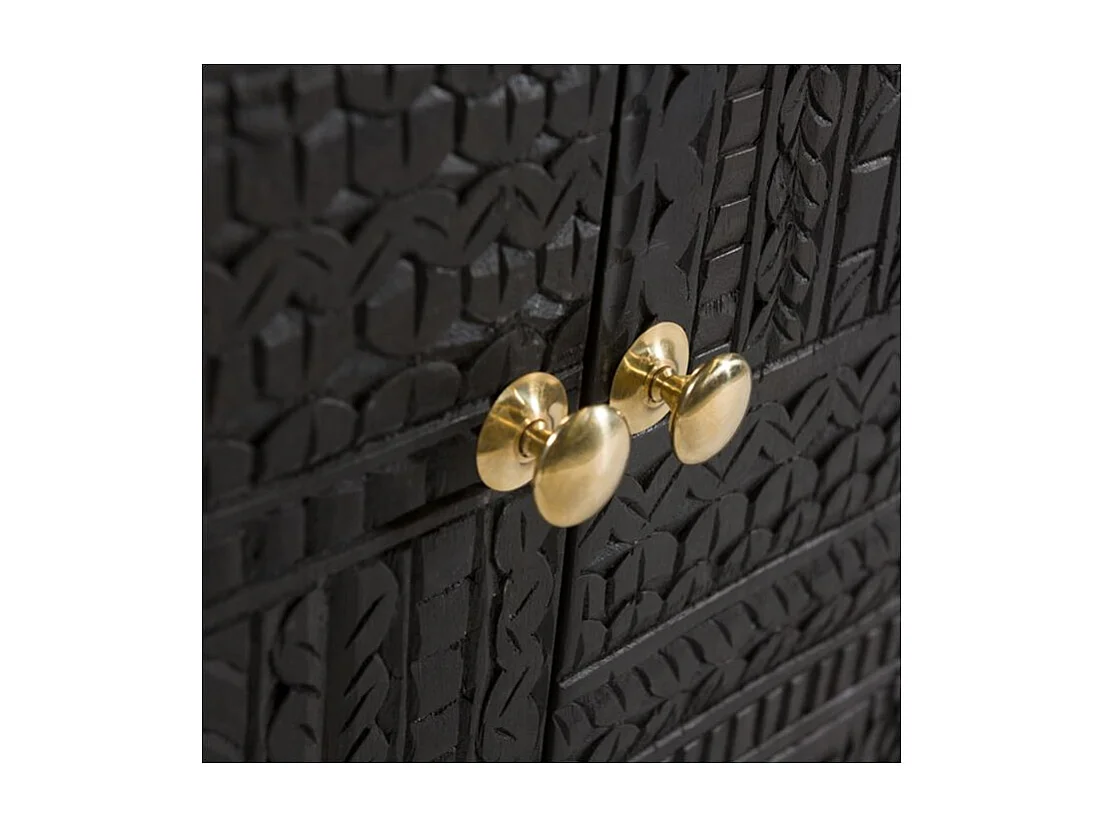 Commode 2 portes en bois gravé noir et métal doré - Chimane