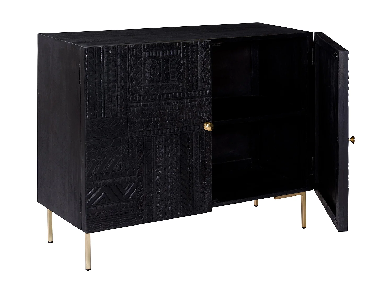 Commode 2 portes en bois gravé noir et métal doré - Chimane