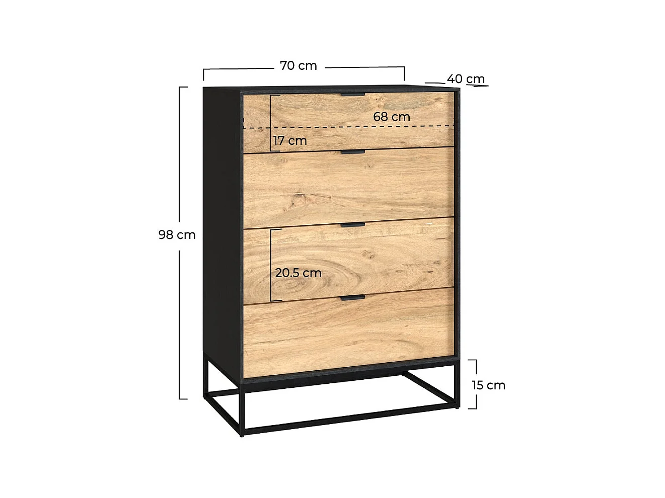 Cassettiera a 4 cassetti in legno d'acacia con gambe in metallo - Jakson