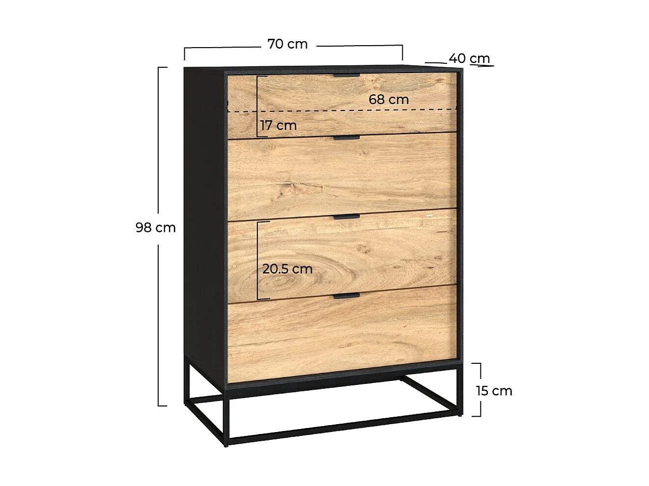 Cassettiera a 4 cassetti in legno d'acacia con gambe in metallo - Jakson