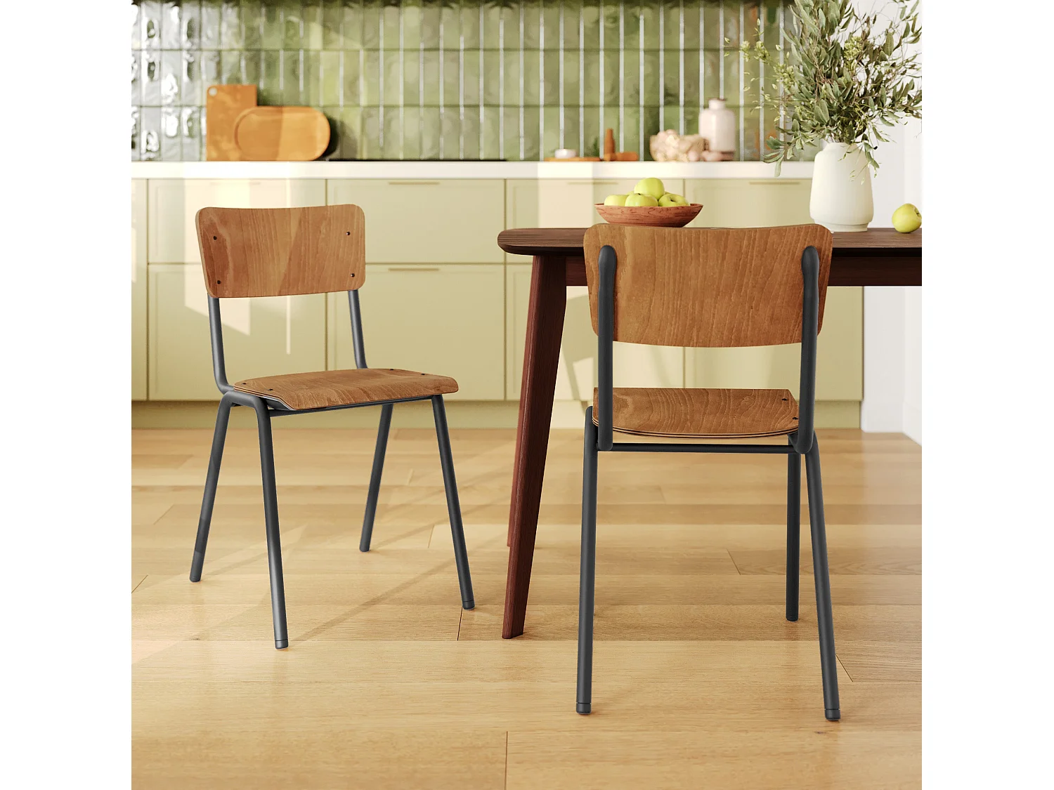 Lot de 2 chaises écolier empilables en bois foncé - Clem