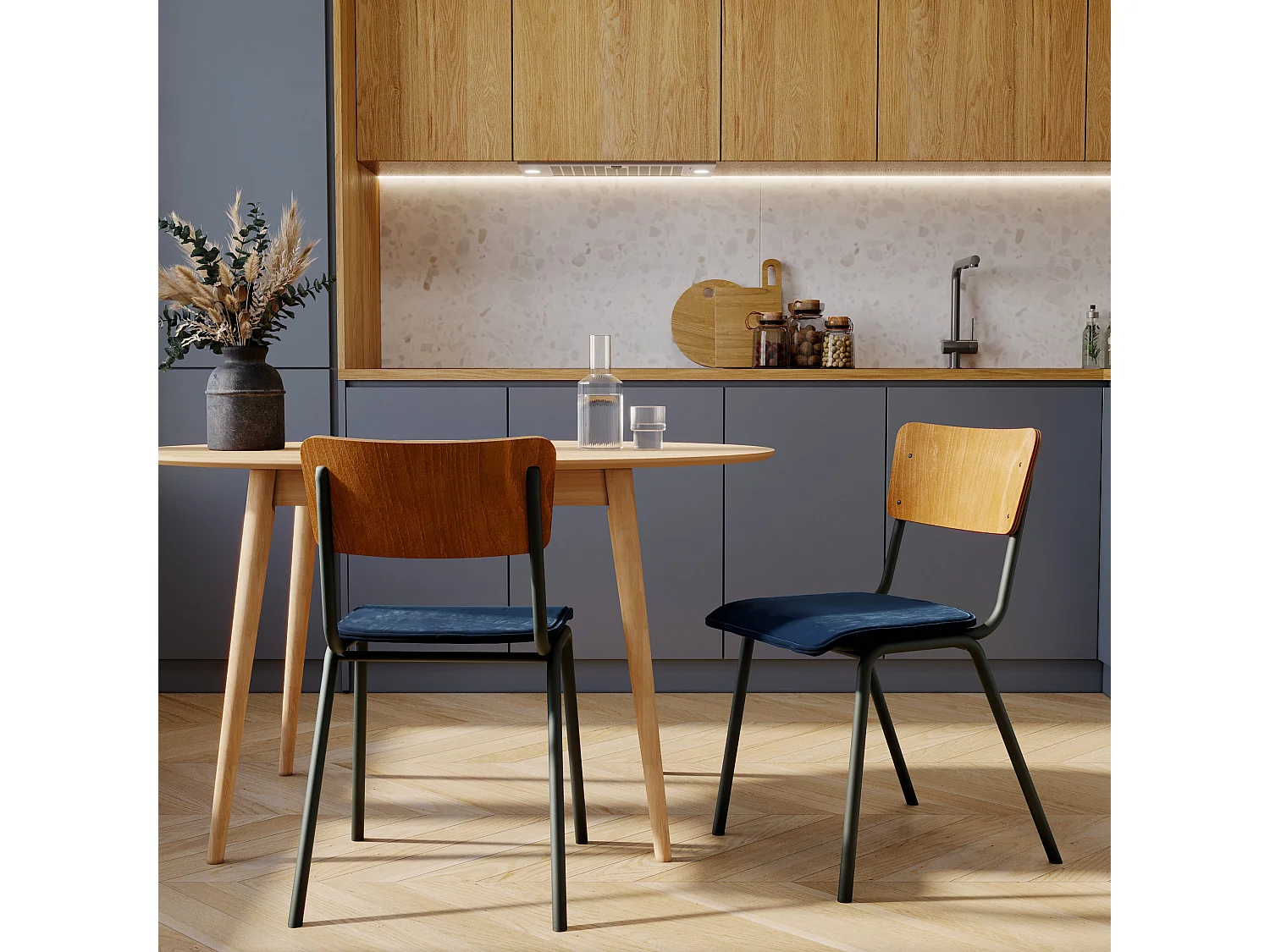 Lot de 2 chaises en bois foncé et velours bleu - Nico