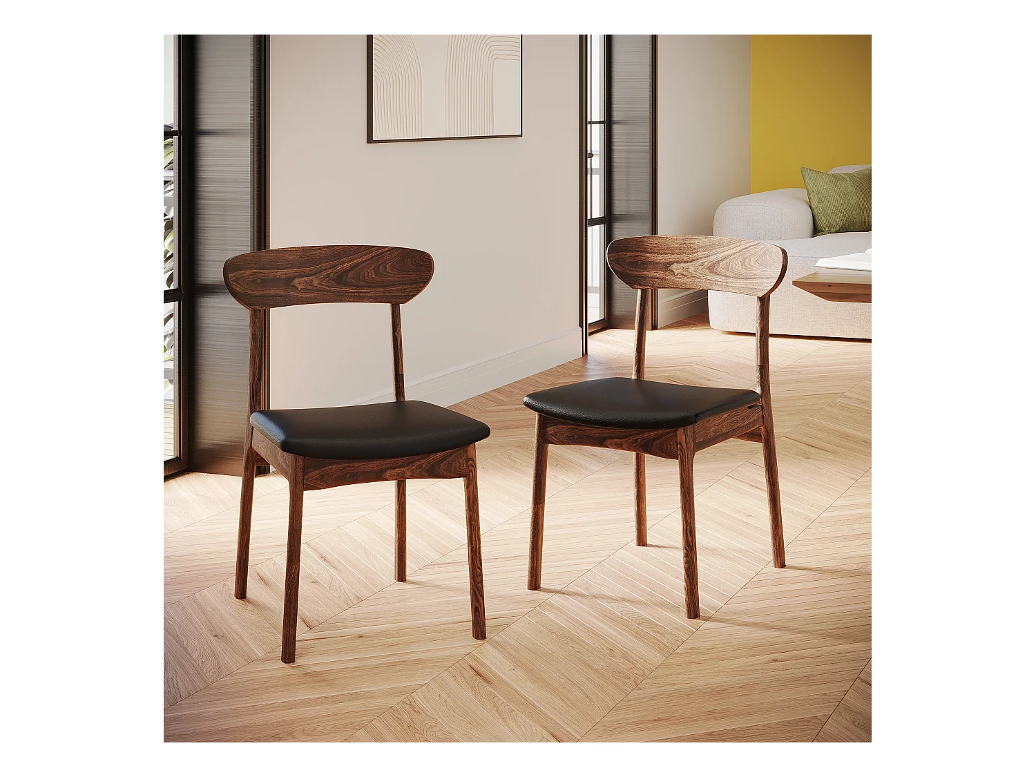 Lot de 2 chaises en cuir synthétique noir et bois foncé - Lana
