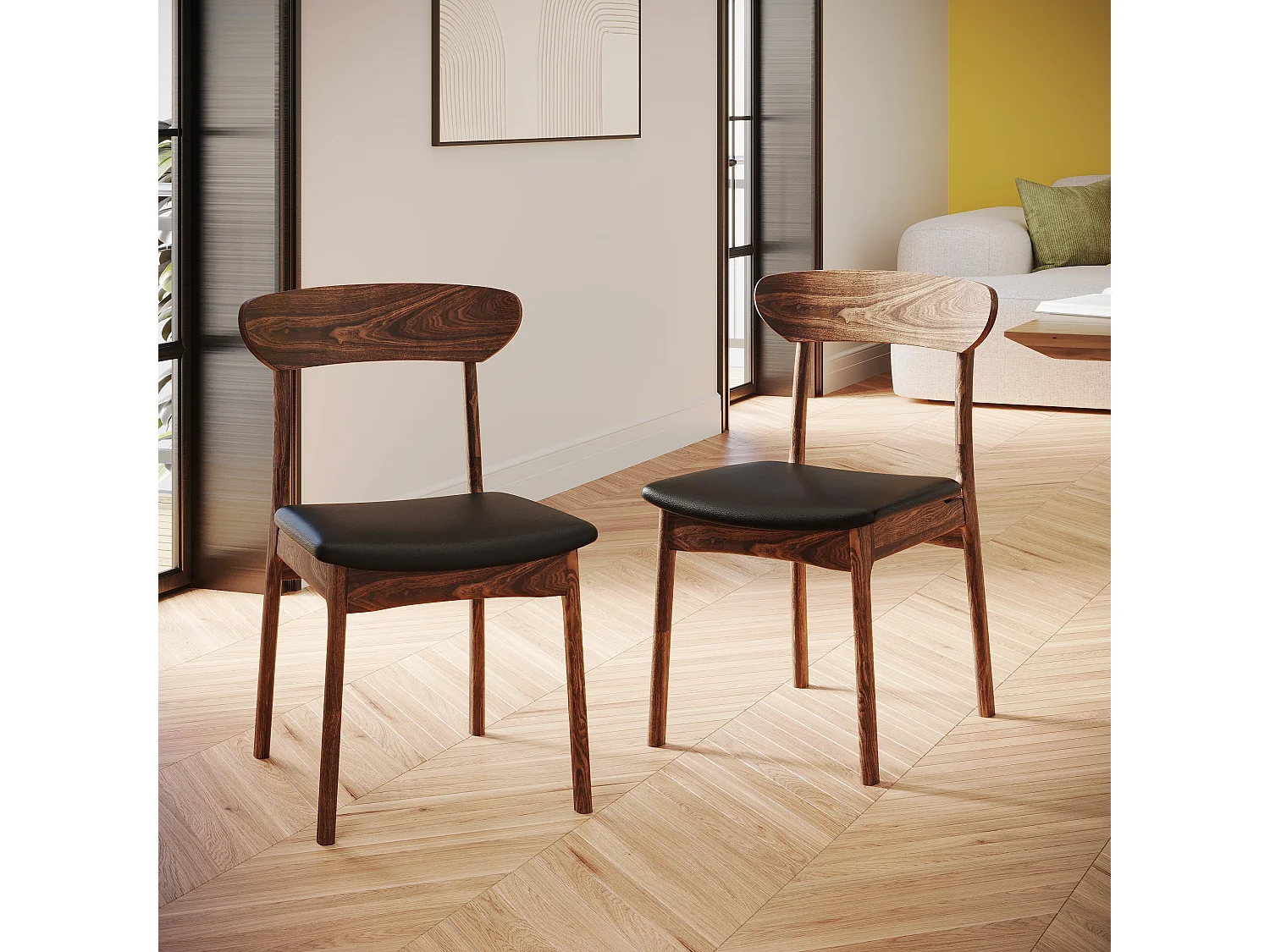 Lot de 2 chaises en cuir synthétique noir et bois foncé - Lana