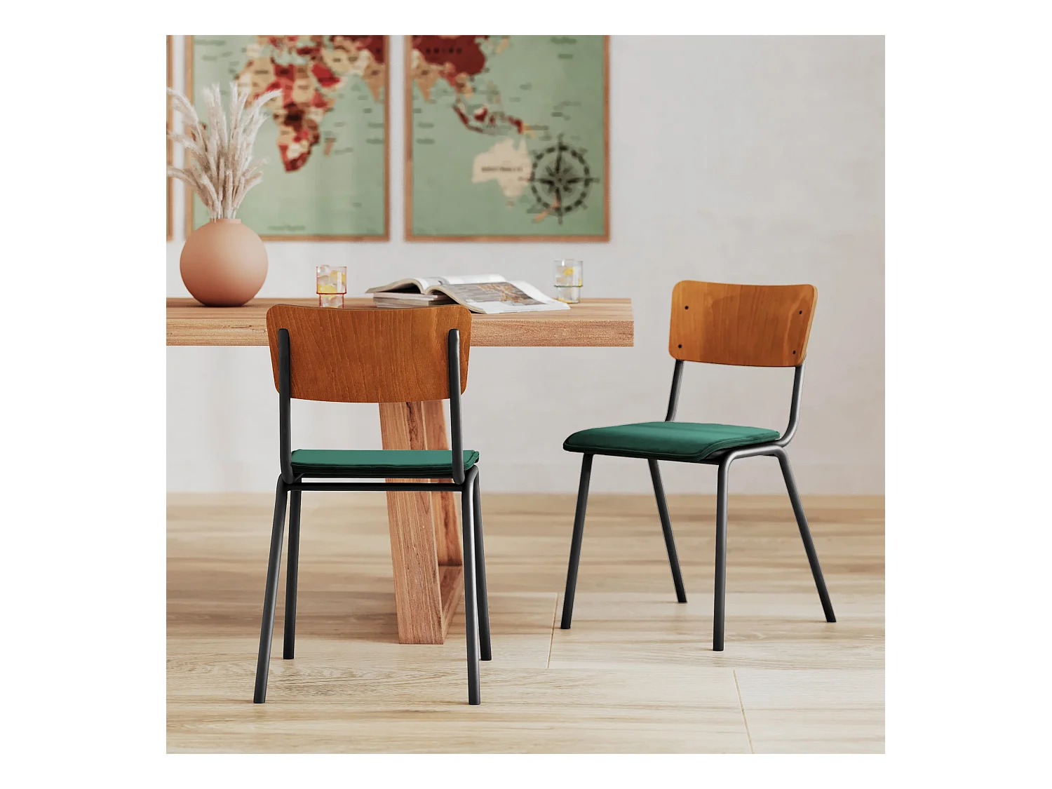 Lot de 2 chaises en bois foncé et velours vert - Nico