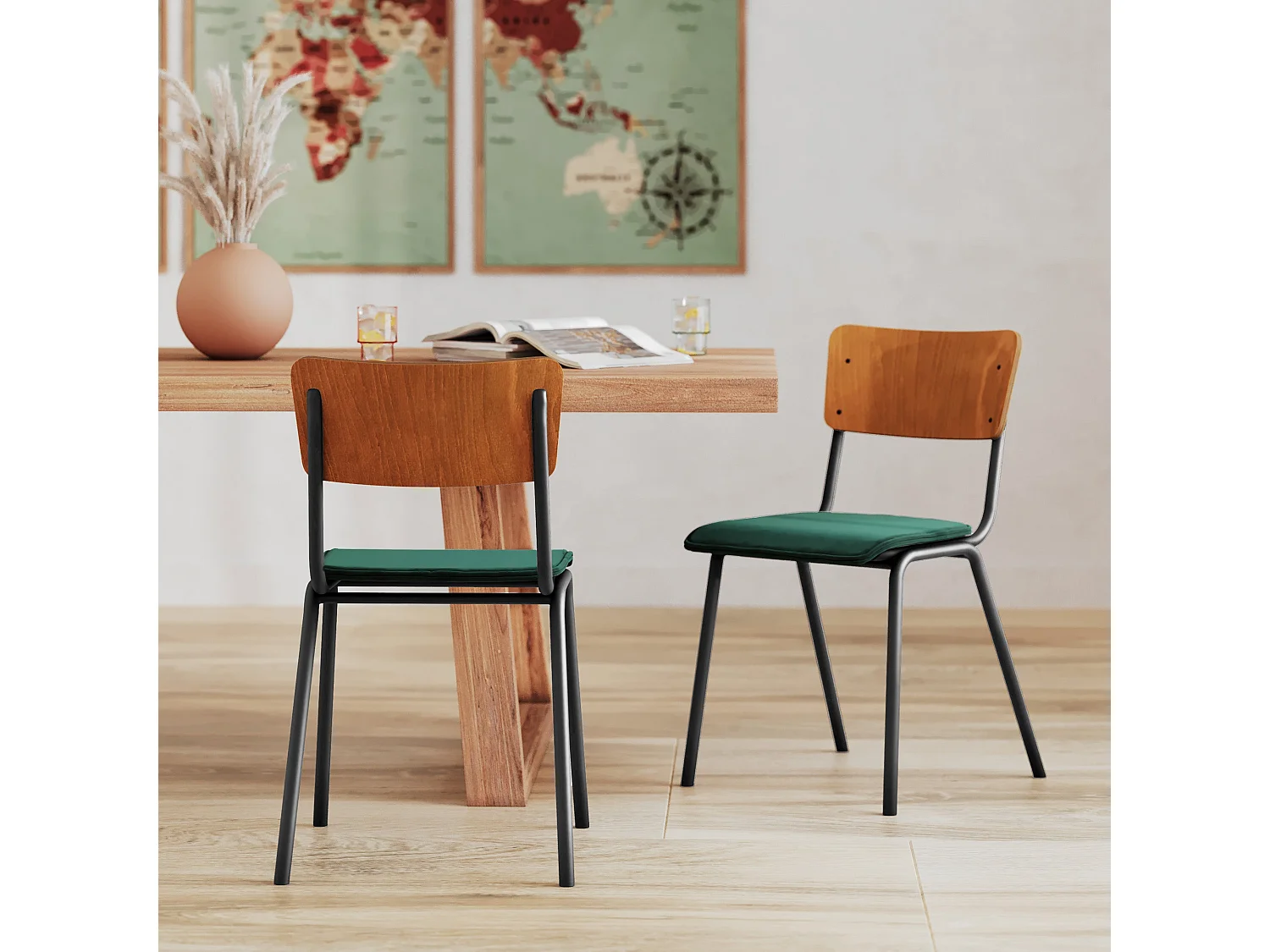Lot de 2 chaises en bois foncé et velours vert - Nico