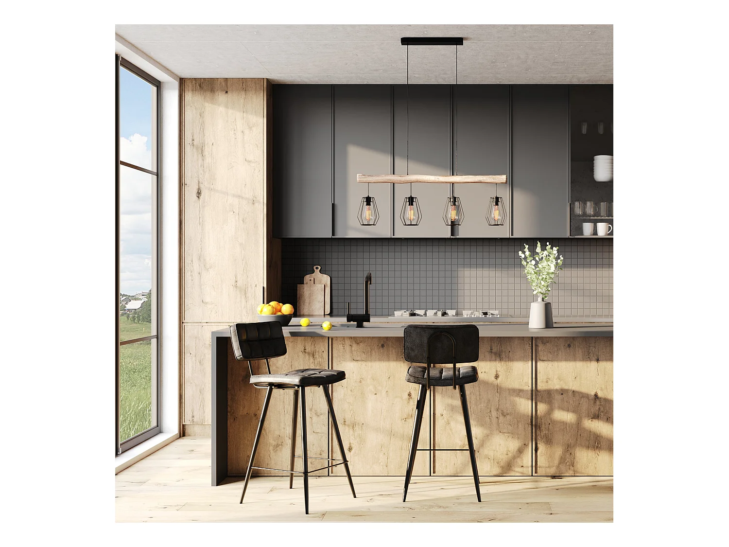 Suspension en bois et métal 4 lampes - Clotilde