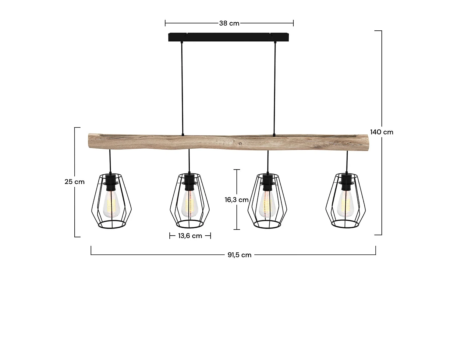 Suspension en bois et métal 4 lampes - Clotilde
