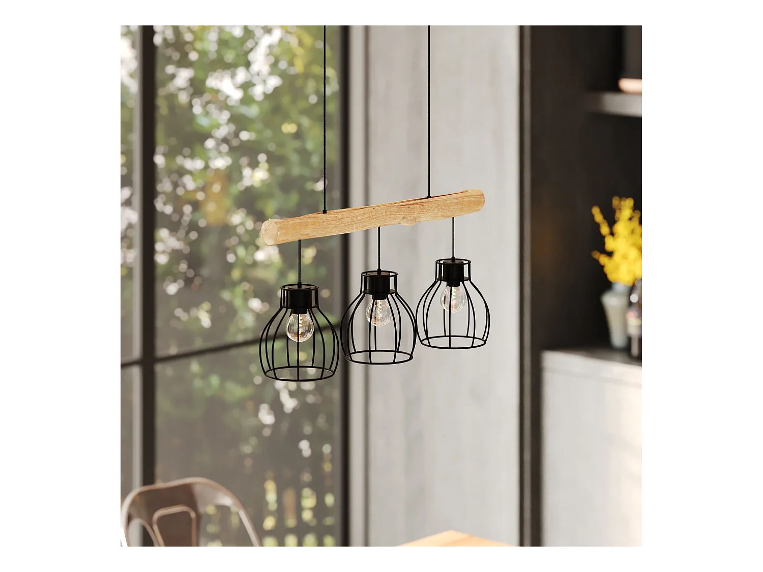 Lampada a sospensione a 3 luci in legno di eucalipto e metallo nero - Abby