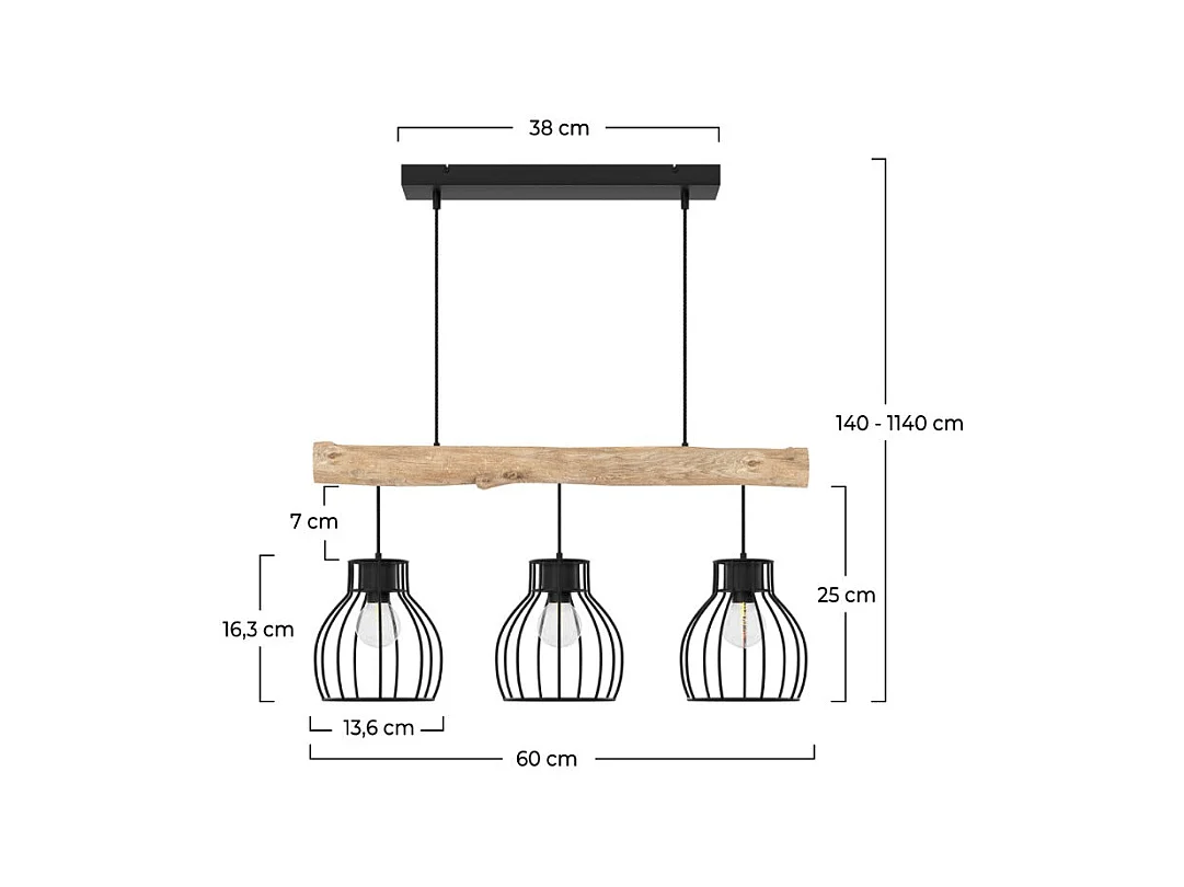 Lampada a sospensione a 3 luci in legno di eucalipto e metallo nero - Abby